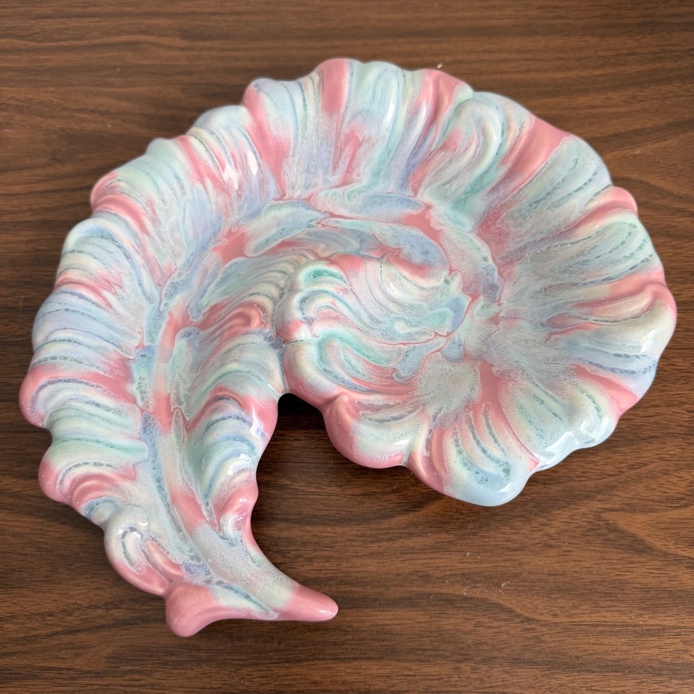 Royal Haeger Pottery R277 Feather Dish Tray Pink Blue Pastel Glaze USA MCM VTG